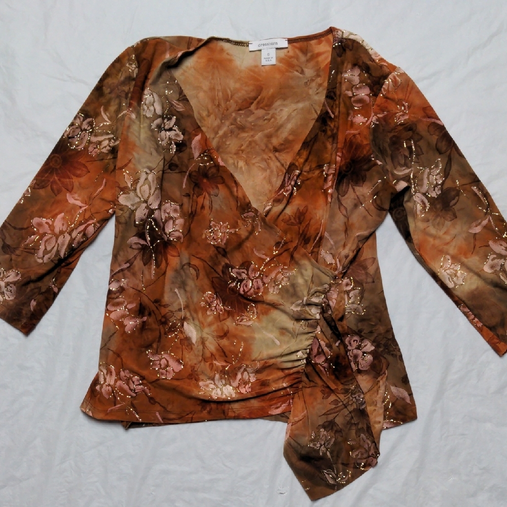 Dress Barn Vintage Y2K Orange Floral Print Faux Wrap Top Made In USA Sz S